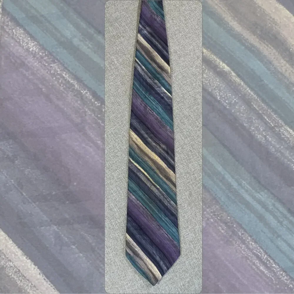 JT Beckett Vintage Silk Tie — Plum Teal Champagne Brushstroke Stripe 1980s-1990s